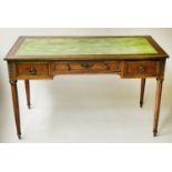 BUREAU PLAT, 19th century French Directoire mahogany and brass mounted with three frieze drawers and