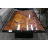 LOW TABLE, 41cm H x 124cm x 69cm, black lacquer with burr wood decorated top. (marks to edge)