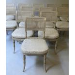 DINING CHAIRS, a set of twelve, Regency style grey painted and parcel gilt with cane seats and ivory