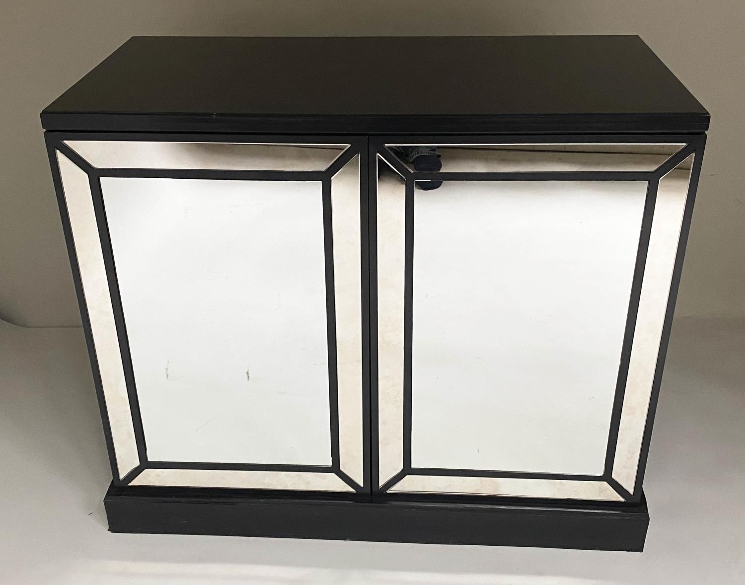 MIRROR CABINET, black lacquered with two marginal panelled mirror doors, 100cm x 85cm H x 48cm. - Image 2 of 6