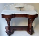 DRESSING TABLE, 122cm W x 56cm D x 104cm H, 19th century mahogany, with marble top, double bowfront,