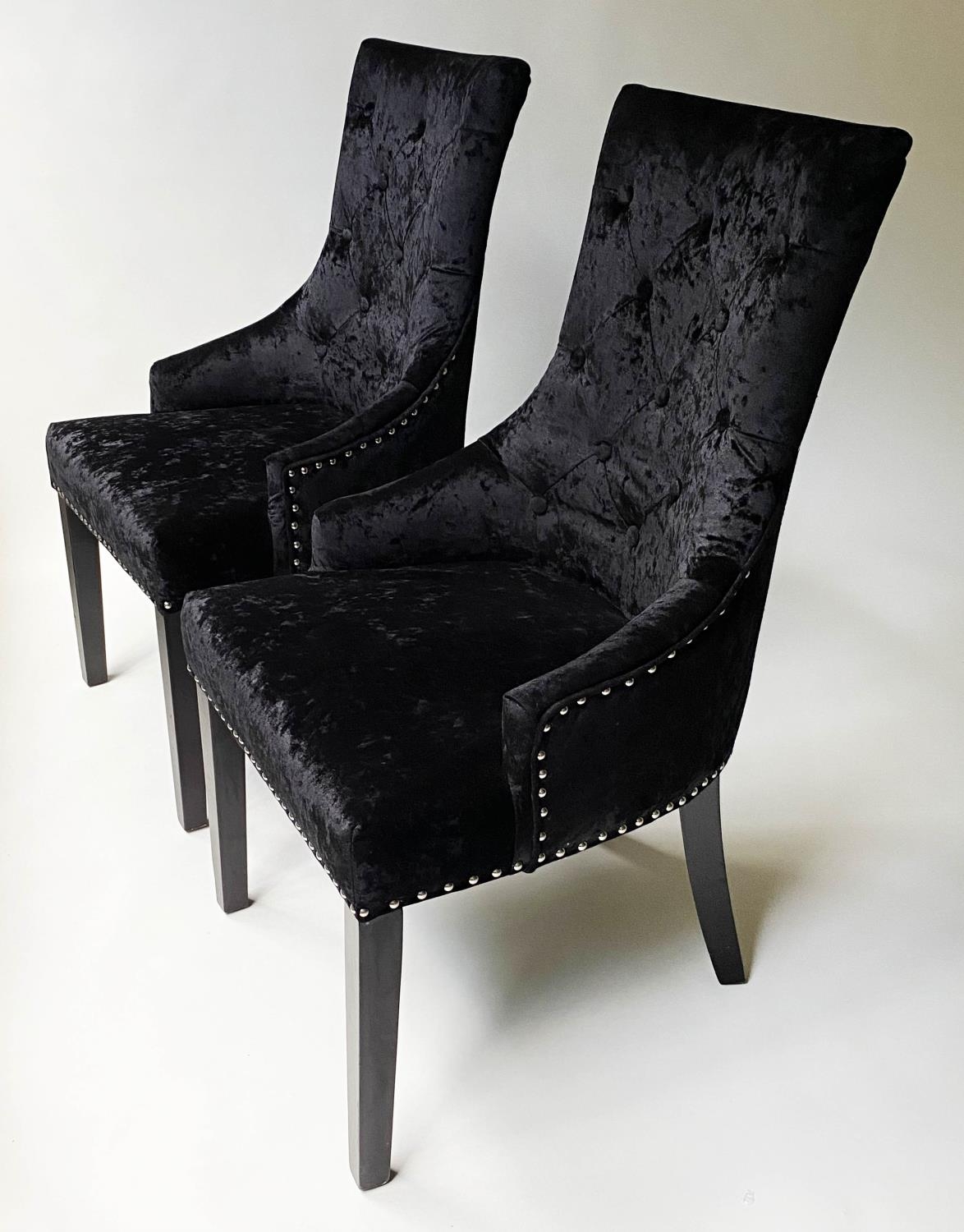 ARMCHAIRS, a pair, button plush black velvet and chrome studded with handle back, 57cm W. (2) - Image 5 of 7