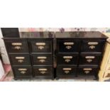 BANKS OF DRAWERS, two ebonised with six drawers each bearing French place names, 38cm W x 92cm L x