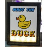 WHAT THE DUCK BY BEE RICH, 91cm x 71cm, bespoke made light up wall art.