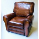 RECLINING ARMCHAIR, American stitched tan leather reclining with foldout footrest, 95cm W.