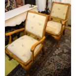 OPEN ARMCHAIRS, 92cm H x 68cm, a pair, mid 20th century oak in taupe leaf patterned material. (2)