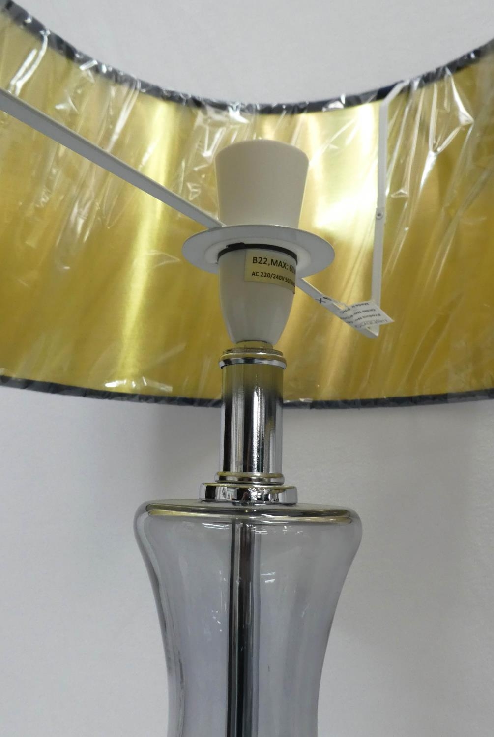 COACH HOUSE TABLE LAMPS, a pair, 68cm H clear glass with shades. (2) - Image 3 of 3