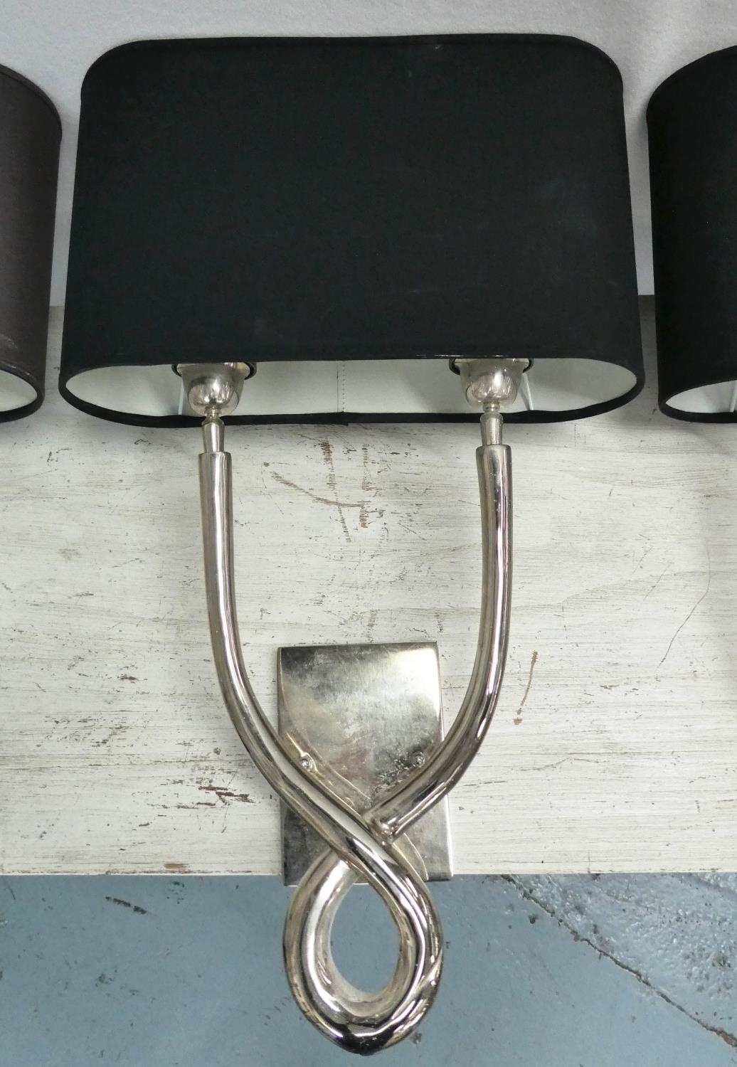 COACH HOUSE WALL SCONCES, three, bases each 50cm H x 25cm W, polished metal with black shades. (3) - Image 2 of 5