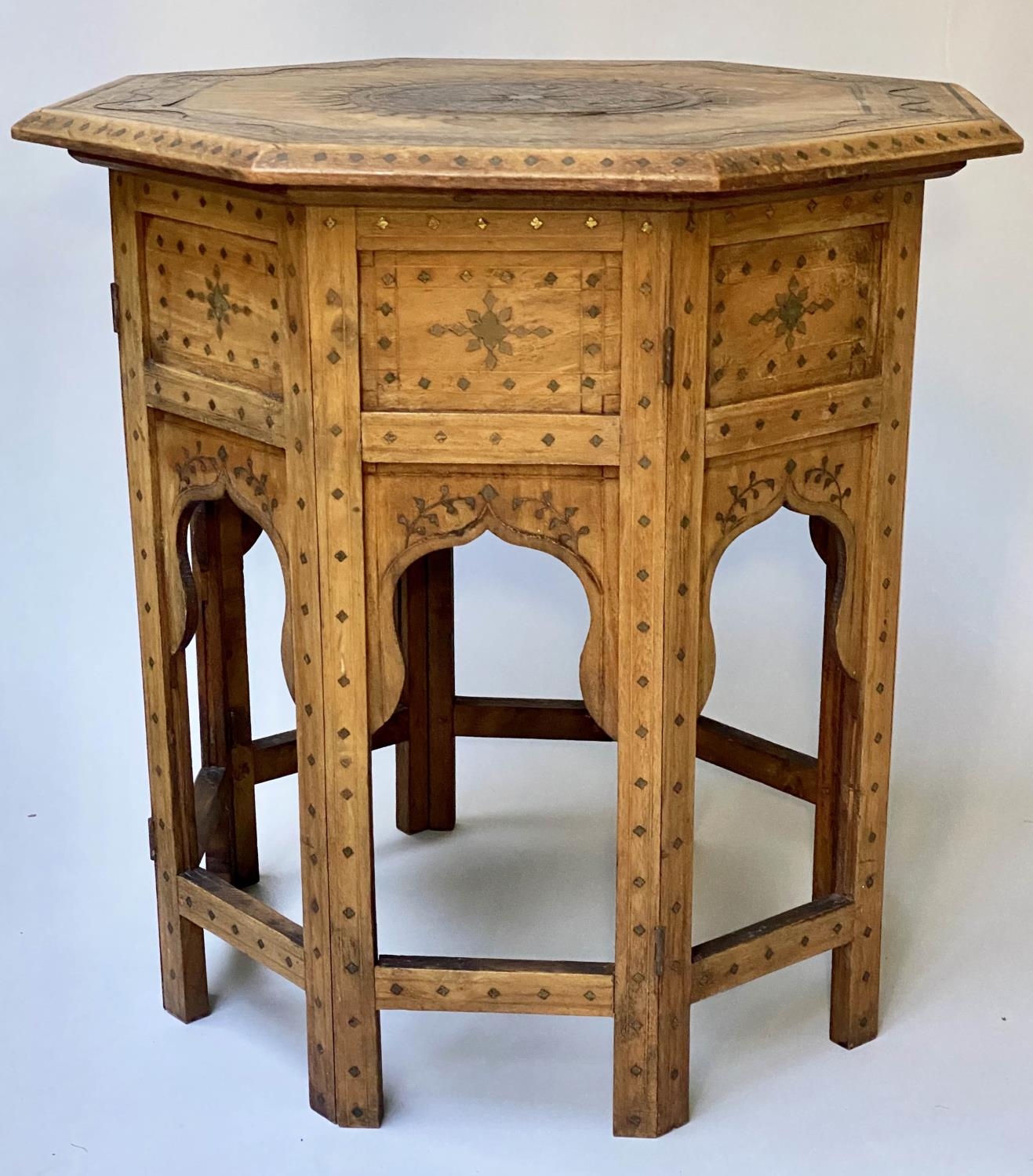 HOSHIARPUR OCCASIONAL TABLE, North Indian teak, ebony and brass inlaid octagonal with folding - Image 2 of 9