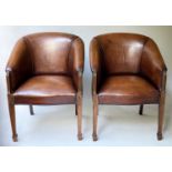 LIBRARY/DESK CHARS, a pair, George III style, tub form mahogany framed and stitched leather, 67cm W.