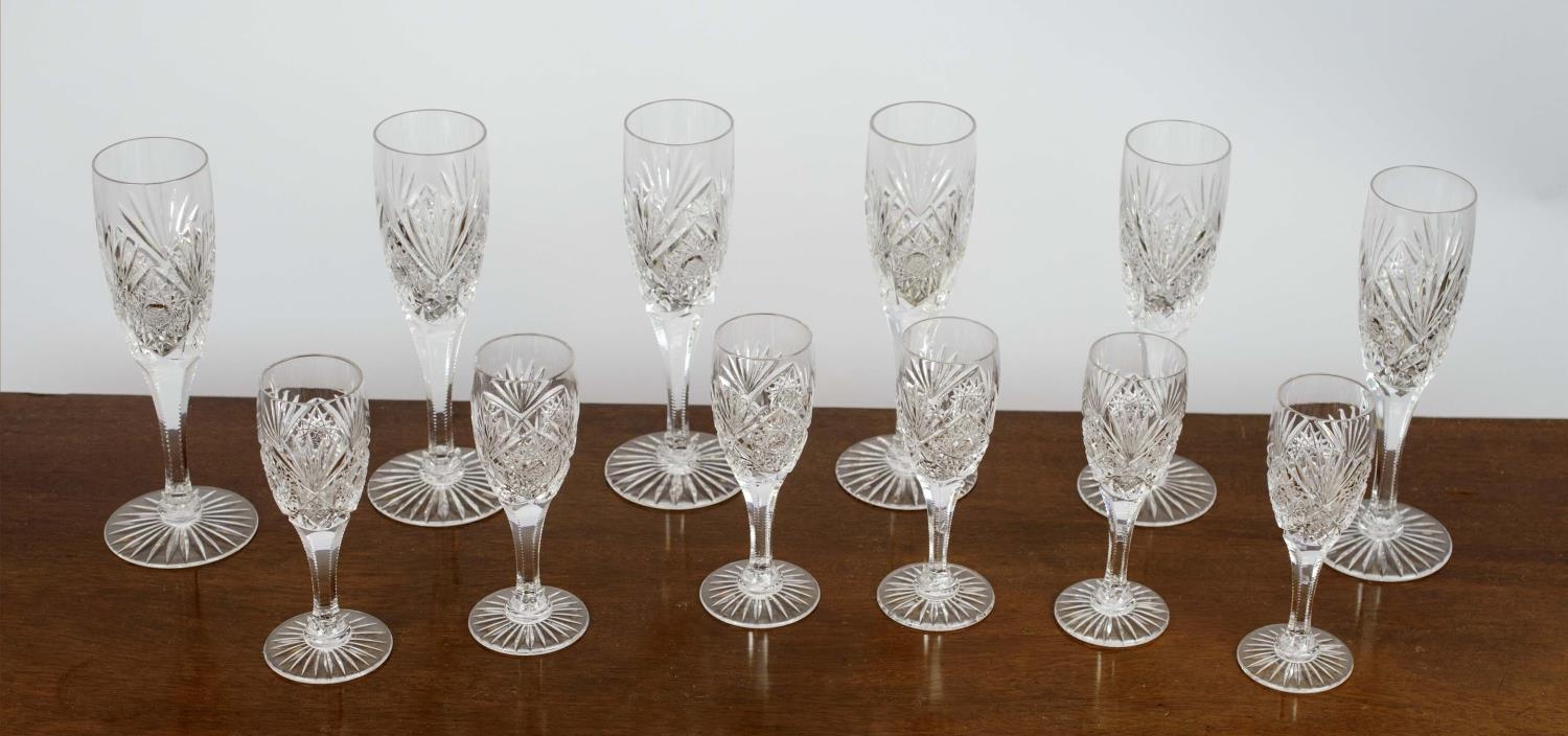 CHAMPAGNE FLUTES, a set of six, cut crystal glass along with six matching dessert wine glasses. (12)