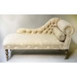 CHAISE, traditional style, scroll end and buttoned parchment weave upholstery, 140cm W.