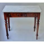 DRESSING TABLE, Victorian flame mahogany with Carrara white marble top above two drawers, 85cm x