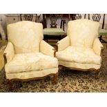 BERGERES, a pair, 90cm H x 78cm W, Louis XV style with cushion seats in yellow damask. (2)