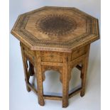 HOSHIARPUR OCCASIONAL TABLE, North Indian teak, ebony and brass inlaid octagonal with folding