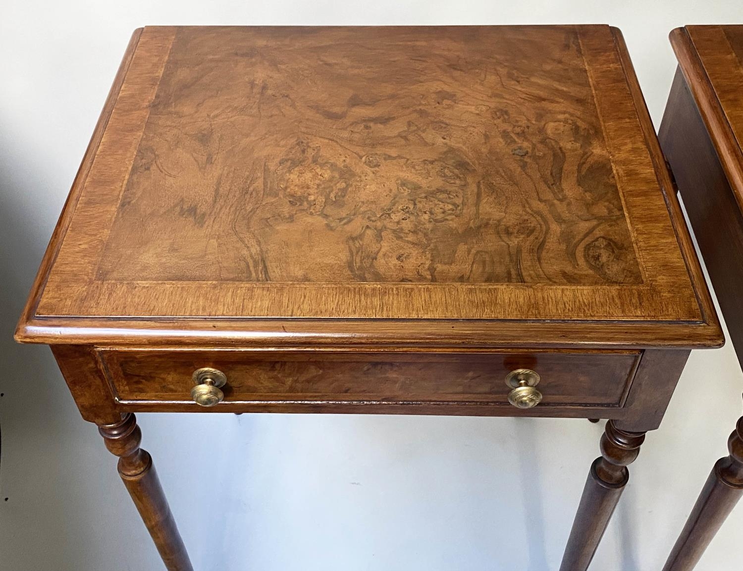 LAMP TABLES, a pair, George III style burr walnut and crossbanded each with a frieze drawer, 58cm - Image 4 of 6