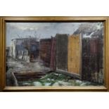 MAX HANSEN (1908-1981), 'Buildings Skudehavaen' oil on canvas, 56cm x 88cm, label verso, framed.