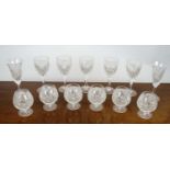 WINE GLASSES, five, along with a set of six brandy glasses and two water glasses, all cut crystal