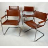 DINING ARMCHAIRS, a set of four, tan leather and cantilever chrome framed, after a design by Mart