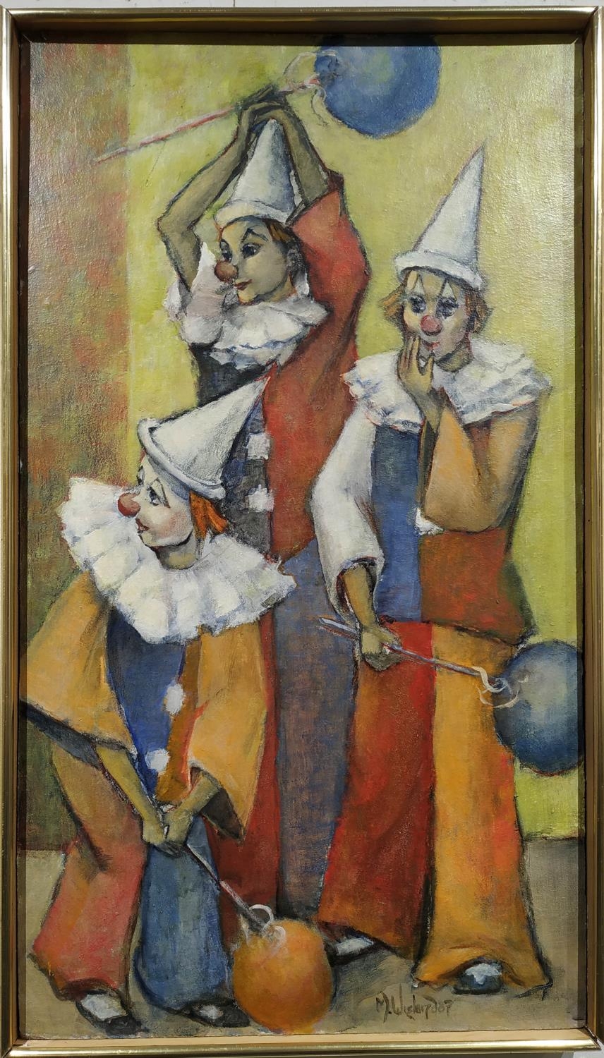 M WISHARD 'Clowns', oil on board, 60cm x 35cm, signed and dated '87, framed.