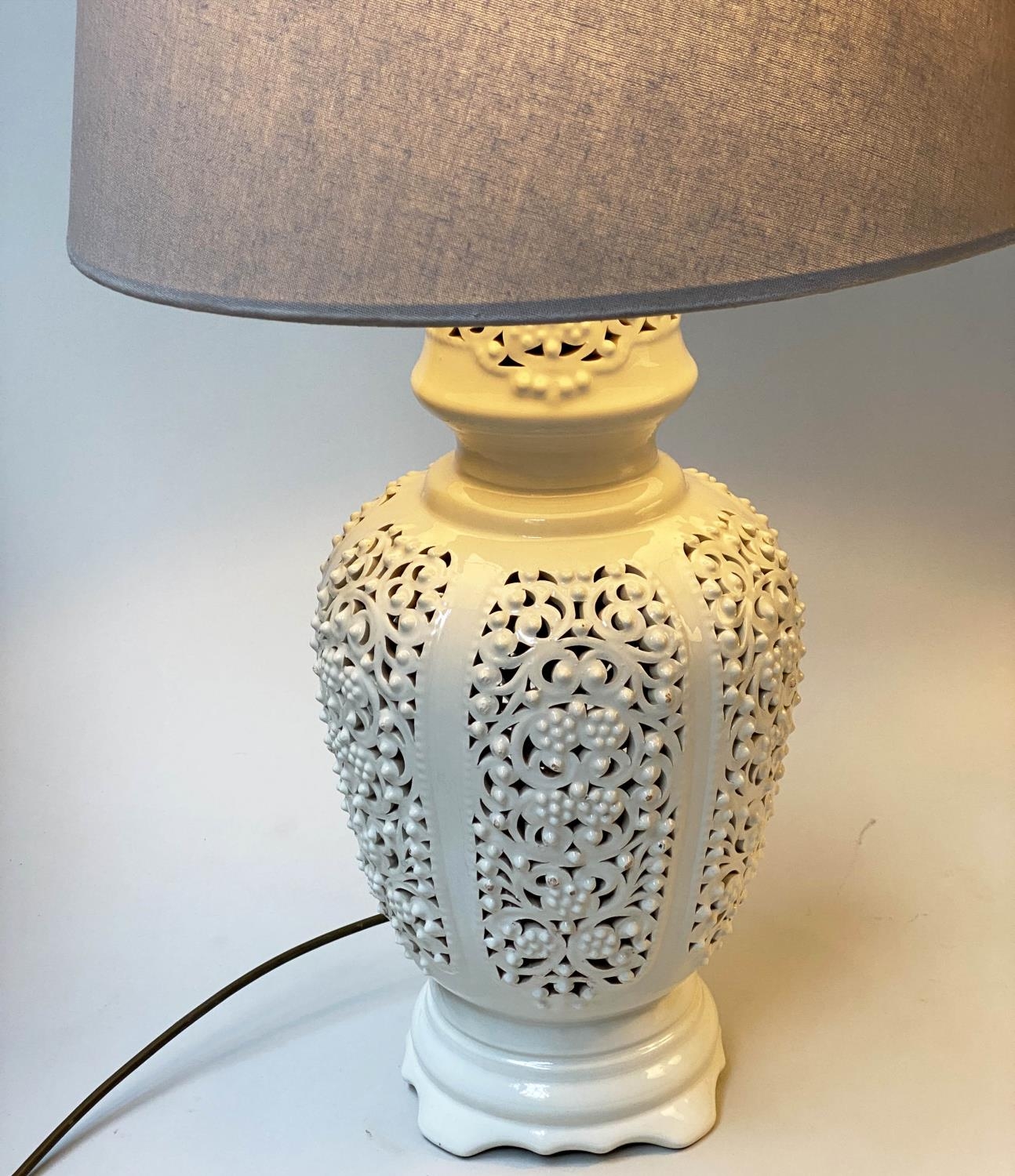 TABLE LAMPS, a pair, reticulated white ceramic of vase form with shades, 76cm H. (2) - Image 3 of 5