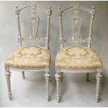 SALON SIDE CHAIRS, a pair, French Louis XVI style grey painted with yellow silk brocade