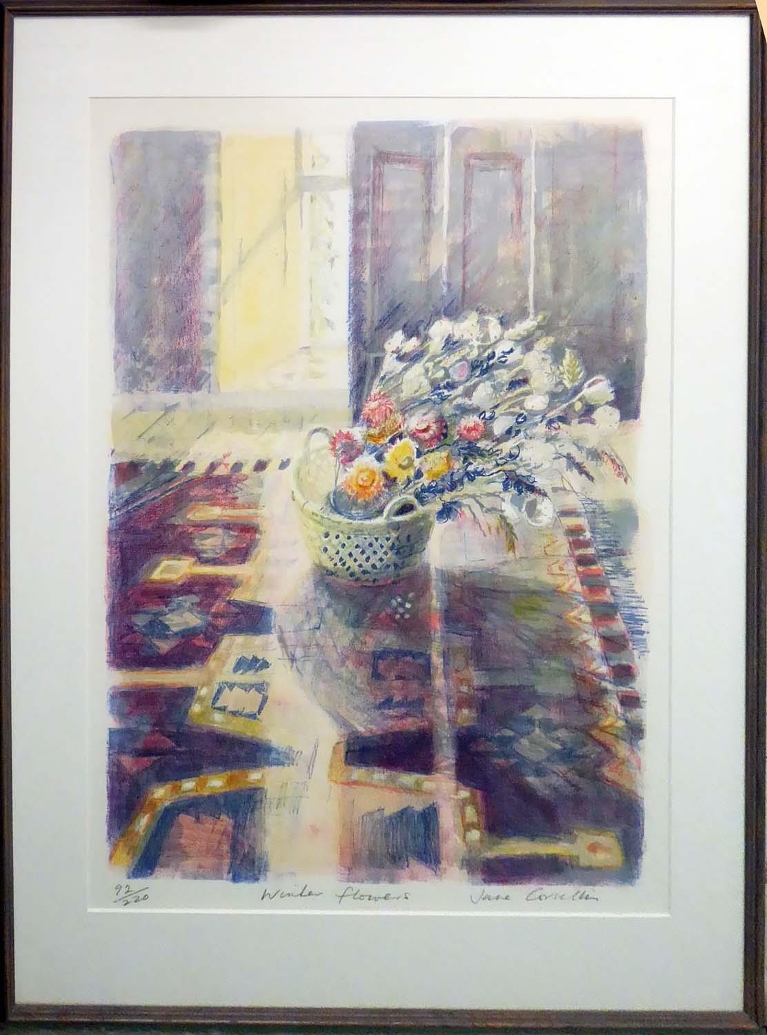 JANE CORSELLIS 'Winter Flowers', lithograph, signed, numbered and titled in pencil, framed, 91cm x