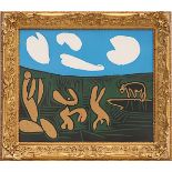 PABLO PICASSO 'Bacchanal with Four Clouds', linocut, 1962, 27cm x 32cm, framed and glazed.