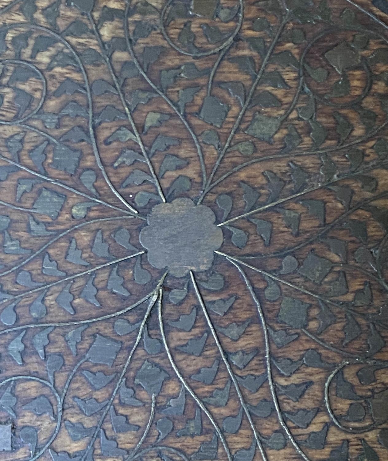 HOSHIARPUR OCCASIONAL TABLE, North Indian teak, ebony and brass inlaid octagonal with folding - Image 6 of 9