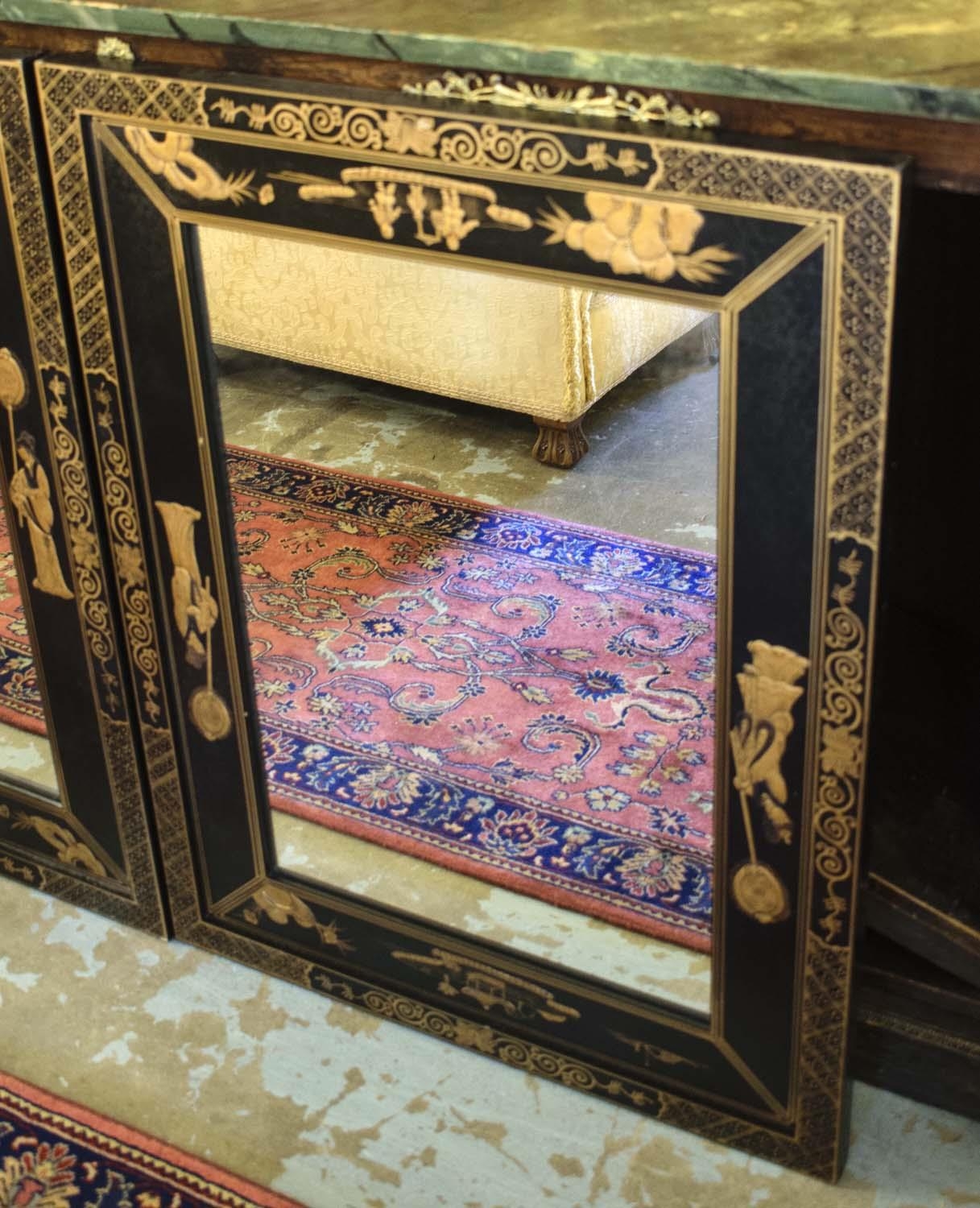 WALL MIRRORS, a pair, black and gilt Chinoiserie decorated, 66cm x 89cm H. (2) - Image 5 of 9