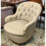 TUB CHAIR, 70cm W x 82cm H, Victorian walnut with buttoned taupe fabric and ceramic castors.