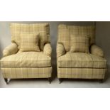 ARMCHAIRS, a pair, Howard style in ochre ground check fabric and turned supports. 86cm W (2)