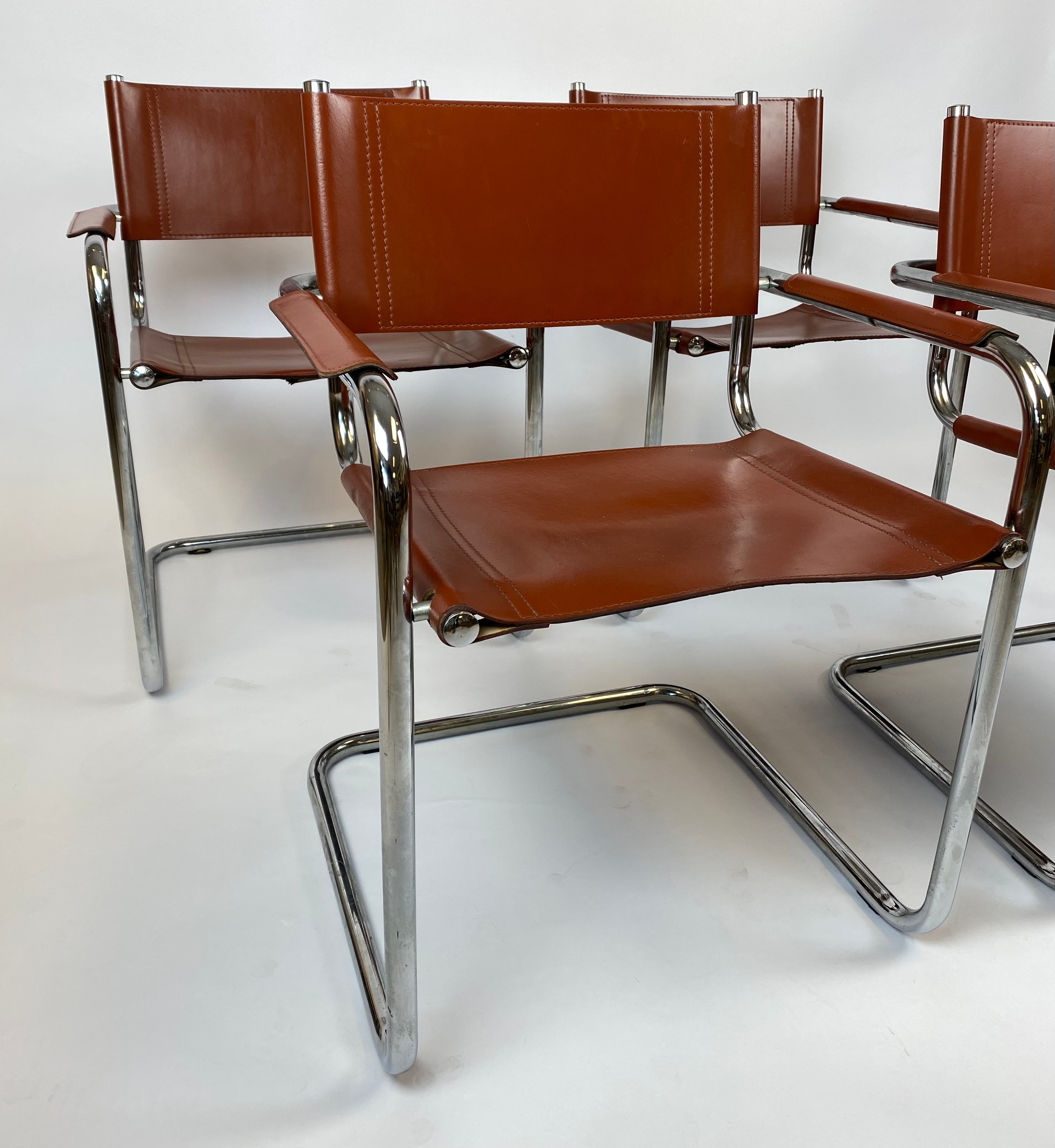 DINING ARMCHAIRS, a set of four, tan leather and cantilever chrome framed, after a design by Mart - Image 3 of 4