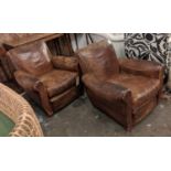 CLUB ARMCHAIRS, 76cm H x 83cm, a pair, Art Deco, in original brown leather with cushion seats. (2)
