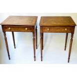 LAMP TABLES, a pair, George III style burr walnut and crossbanded each with a frieze drawer, 58cm