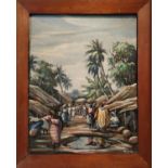 MICHAEL OBODIWE (Nigeria 1920-1986), 'Market scene', oil on canvas, 33cm x 41cm, signed and framed.