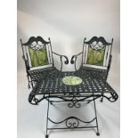 CONSERVATORY CHAIRS AND TABLE, wrought iron inlaid, with faux marble painted bamboo print, 57cm W