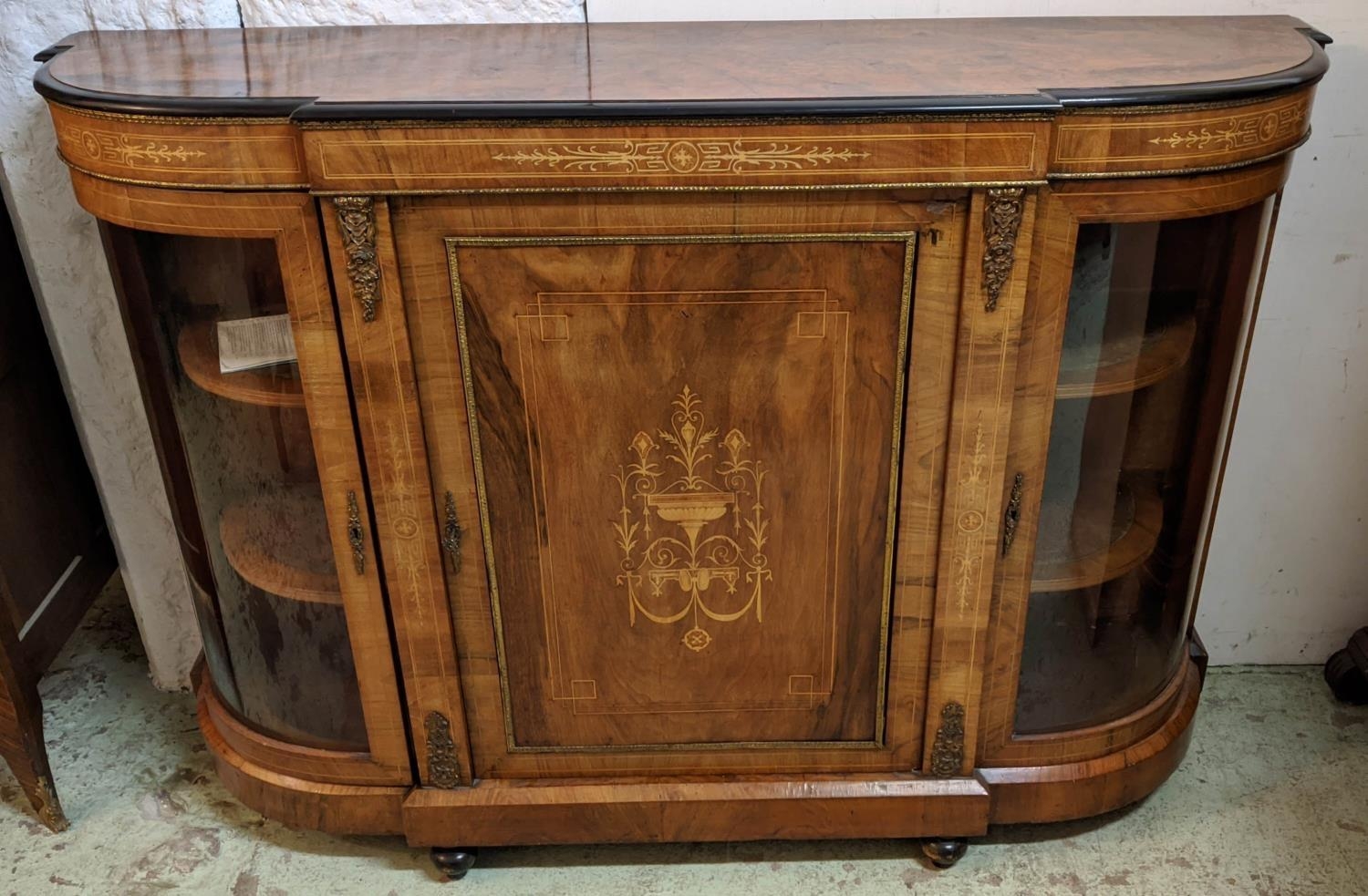 CREDENZA, 106cm H x 150cm W x 37cm D, Victorian walnut, marquetry and gilt metal mounted, with panel