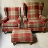 WING ARMCHAIRS, a companion pair, studded woven tartan on turned feet with ottoman footstool, chairs