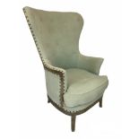WING ARMCHAIR, 115cm H x 65cm, limed oak with neutral linen button back upholstery.