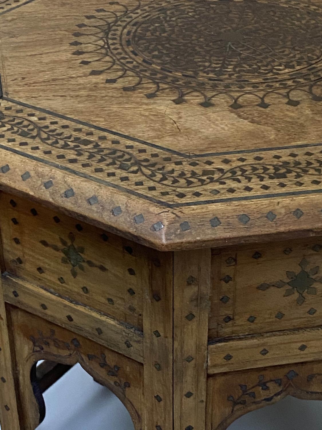 HOSHIARPUR OCCASIONAL TABLE, North Indian teak, ebony and brass inlaid octagonal with folding - Image 3 of 9