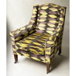 ARMCHAIR, mid 20th century, reupholstered in Sanderson cut velvet, with tapering supports, 80cm W.