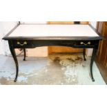 BUREAU PLAT, 80cm D x 139cm W x 78cm H, ebonised wood with inset glass top above two small drawers