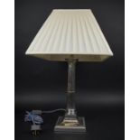 CORINTHIAN COLUMN LAMP, silver plated, recently reconditioned with silk pleated shade, 62cm H.