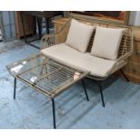 TERRACE BENCH AND TABLE, 1970's Italian style faux rattan, 72cm H x 116cm x 70cm. (2)