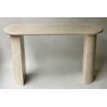 TRAVERTINE CONSOLE, rounded rectangular moulded on conforming solid supports. 120cm W x 38cm D x