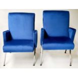 ARMCHAIRS, two, Art Deco, electric blue velvet upholstered with steel, ball capped splay supports,