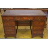 PEDESTAL DESK, 122cm x 61cm x 76cm H, Georgian style mahogany with brown leather top above eight