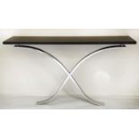 CONSOLE TABLE, Contemporary, black ash, with chrome/steel swept supports, 150cm W x 34cmcm D x