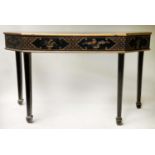 WRITING TBLE, George III design black lacquered and gilt chinoiserie decorated with two drawers.